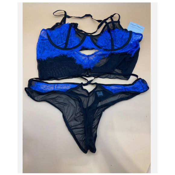 Elegant Moments #30007X Lingerie Set Plus Size 2X Blue/Black - Sexy Romantic 2PC - Picture 2 of 3